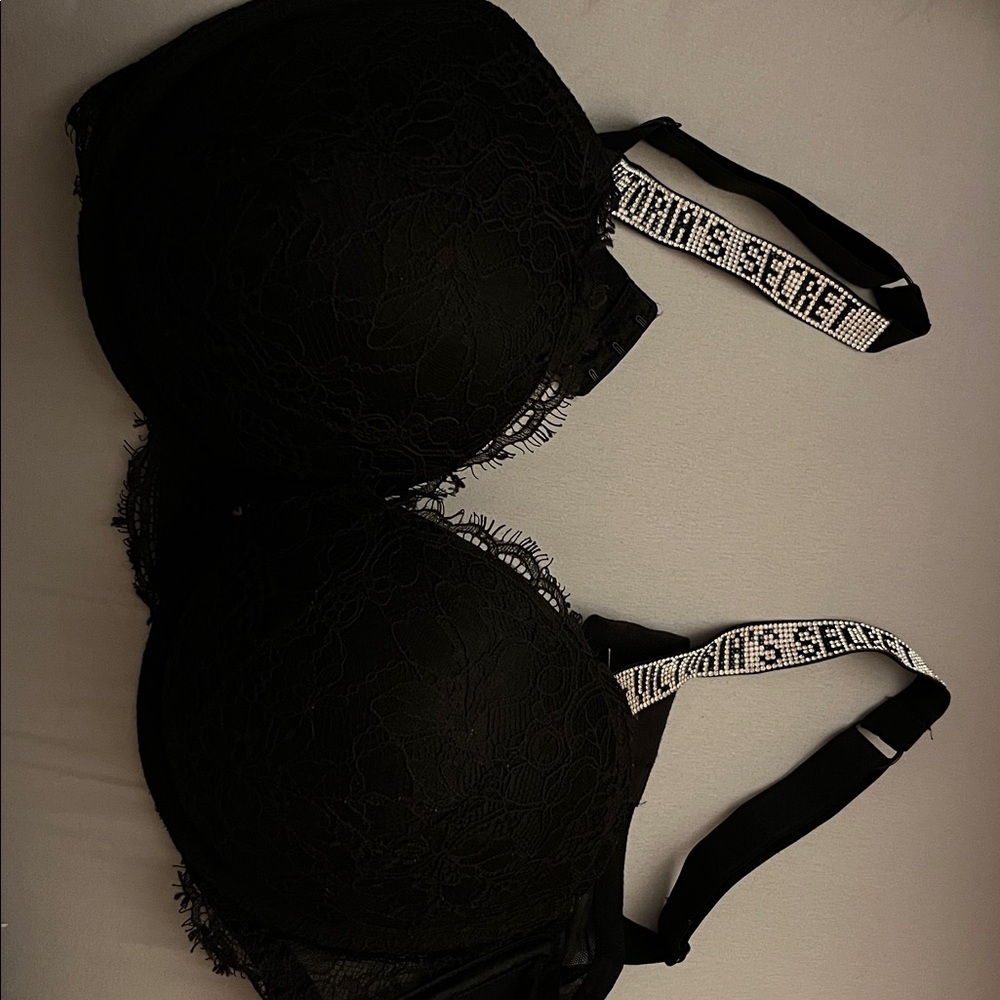 Victoria's Secret Black Lace Bra with Rhinestone Straps! Push up!
